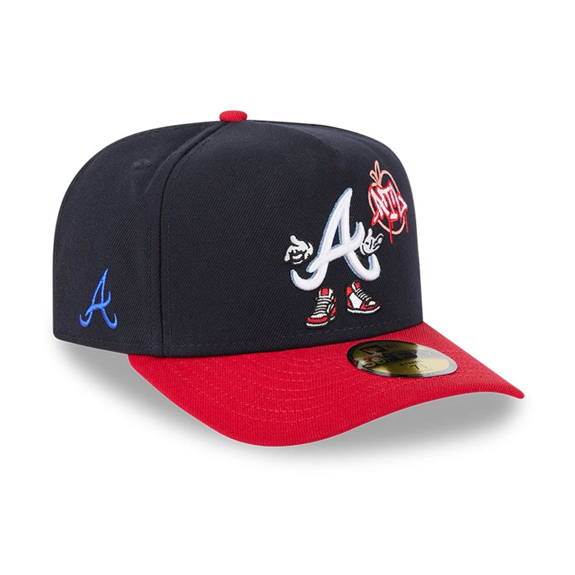 Pictured is this MLB Cartoon Atlanta Braves 59FIFTY A-Frame Fitted cap in navy. 1