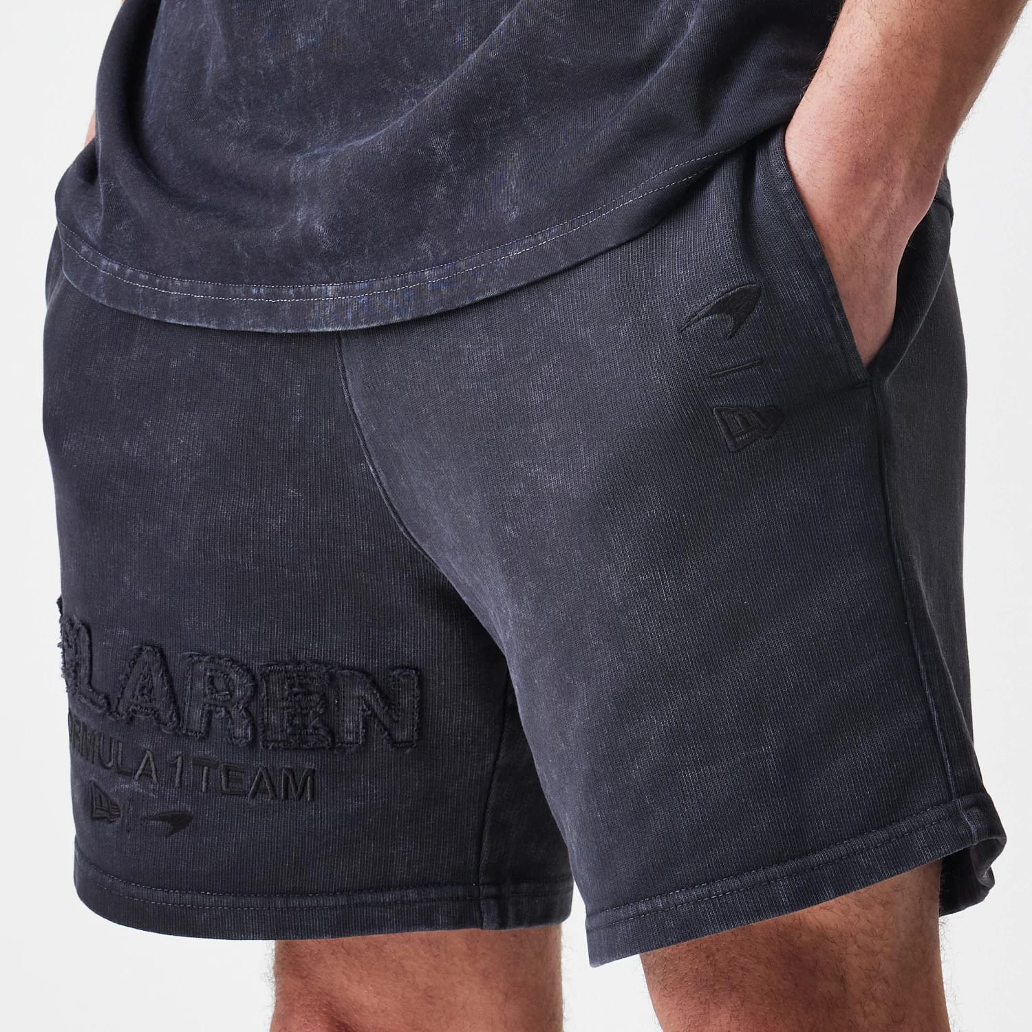 The Male model is wearing McLaren Racing Washed Black Shorts 3