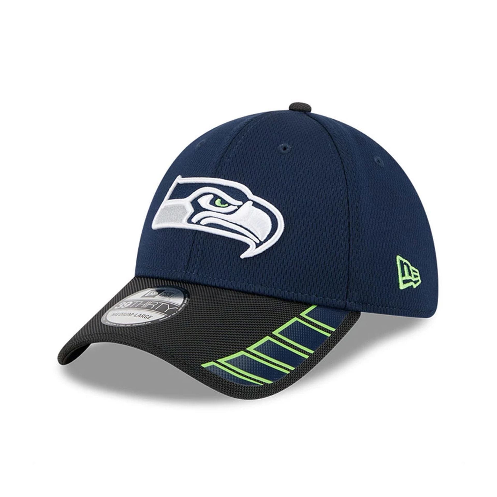 This is a Seattle Seahawks NFL Visor Hit Dark Blue 39THIRTY Stretch Fit Cap 1