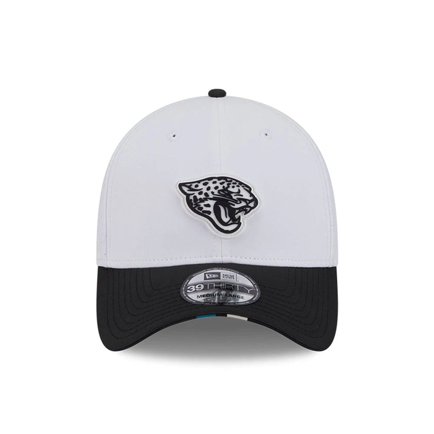 This is a Jacksonville Jaguars NFL Training 2025 White 39THIRTY Stretch Fit Cap 2