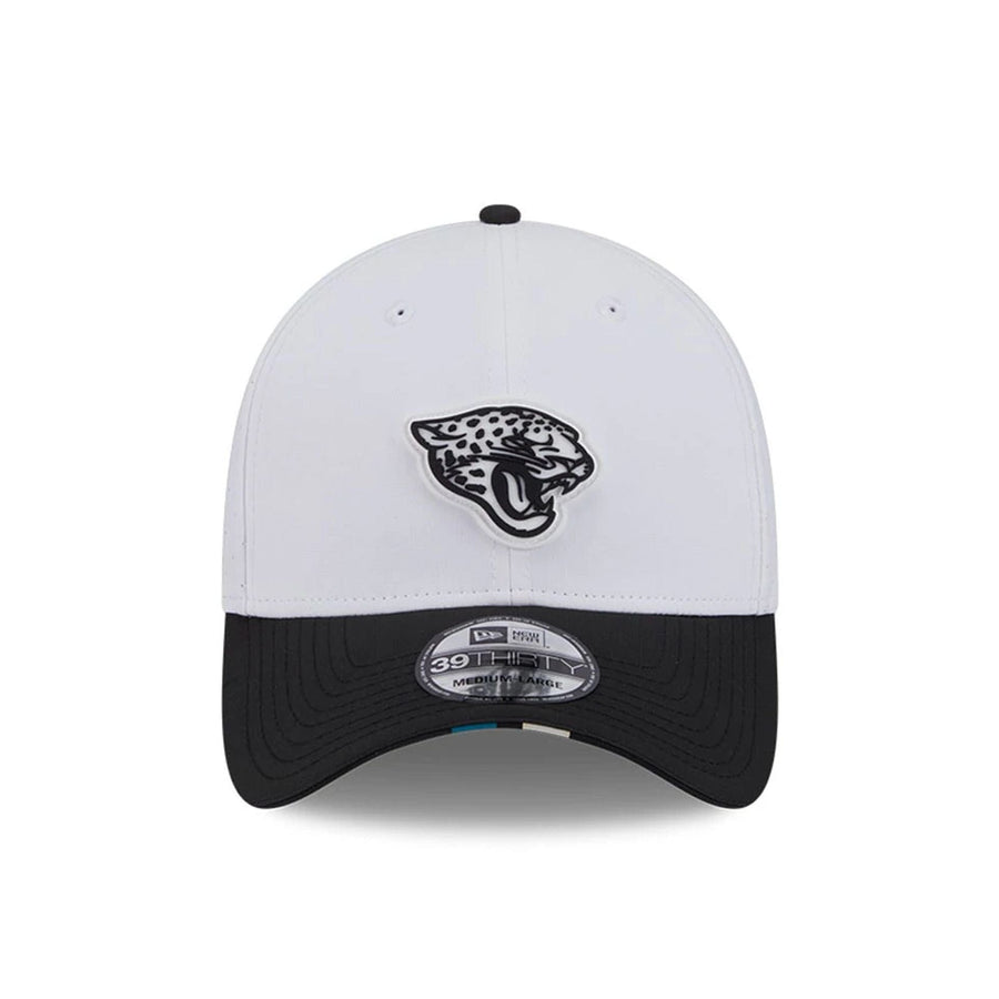 This is a Jacksonville Jaguars NFL Training 2025 White 39THIRTY Stretch Fit Cap 2