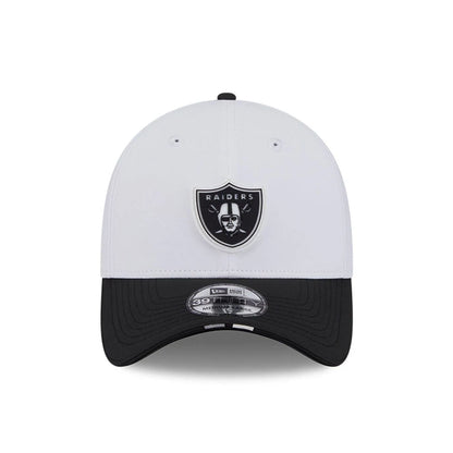 This is a Las Vegas Raiders NFL Training 2025 White 39THIRTY Stretch Fit Cap 2