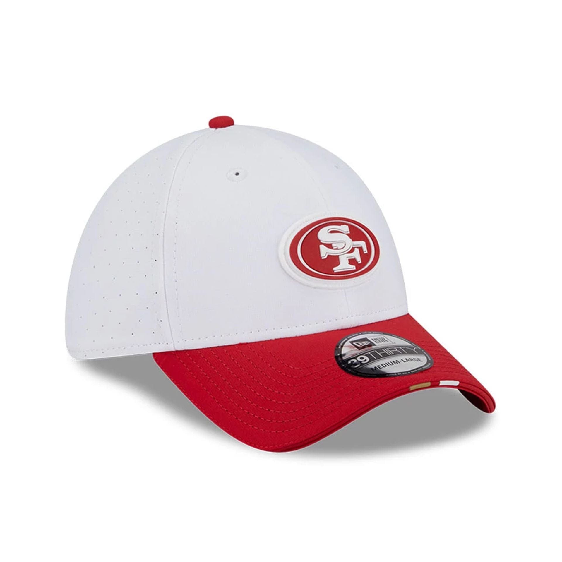 This is a San Francisco 49ers NFL Training 2025 White 39THIRTY Stretch Fit Cap 3