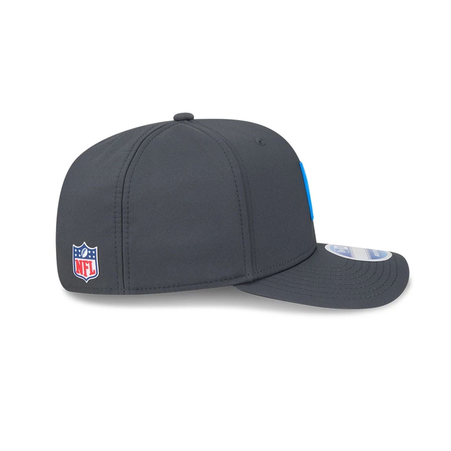 This is a Detroit Lions NFL Sideline 2025 Charcoal 9SEVENTY Stretch Snap Adjustable Cap 5
