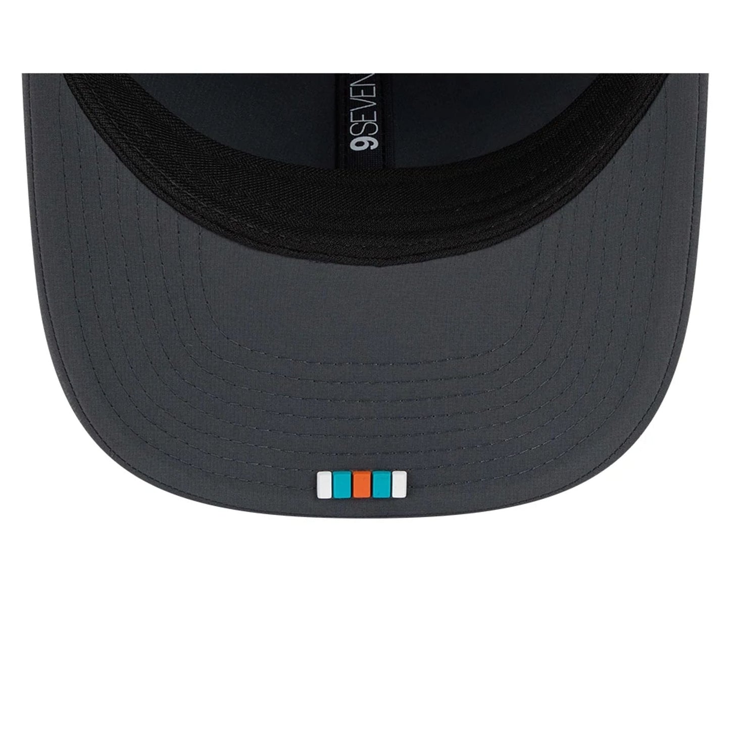 This is a Miami Dolphins NFL Sideline 2025 Charcoal 9SEVENTY Stretch Snap Adjustable Cap 2