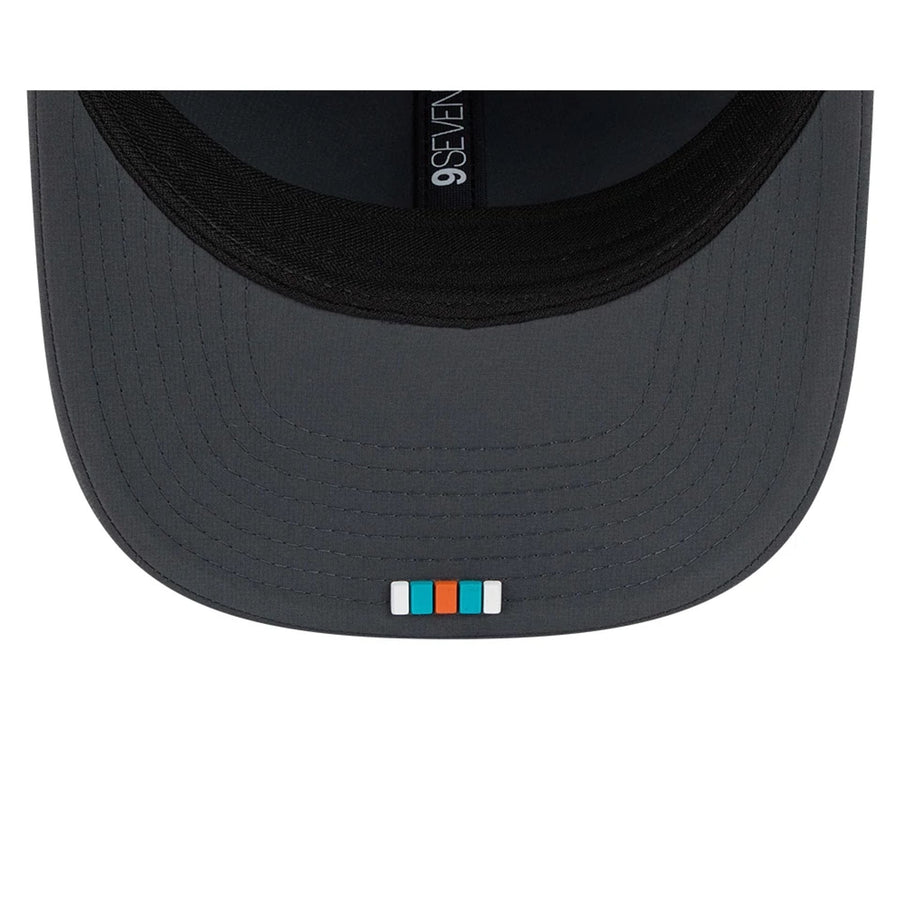 This is a Miami Dolphins NFL Sideline 2025 Charcoal 9SEVENTY Stretch Snap Adjustable Cap 2