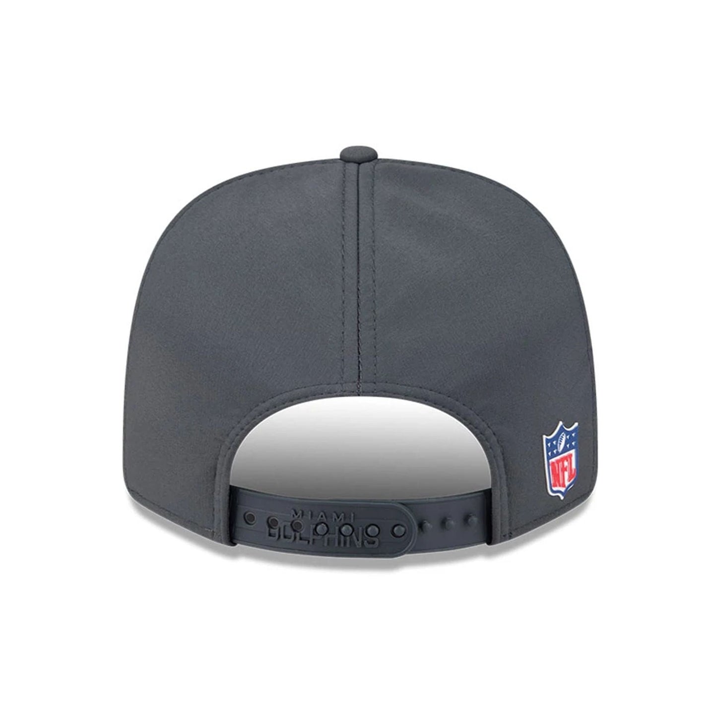 This is a Miami Dolphins NFL Sideline 2025 Charcoal 9SEVENTY Stretch Snap Adjustable Cap 7