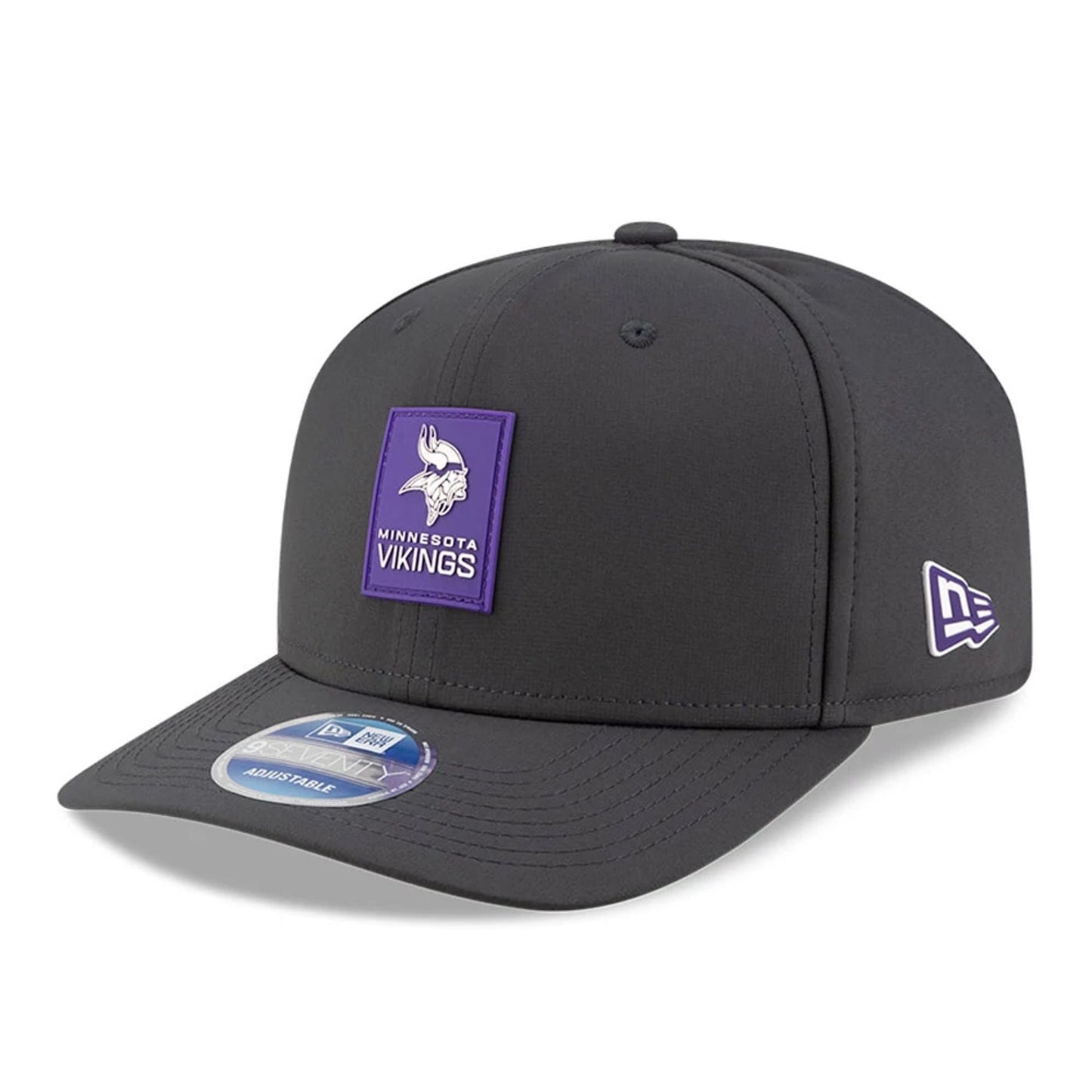 This is a Minnesota Vikings NFL Sideline 2025 Charcoal 9SEVENTY Stretch Snap Adjustable Cap 1