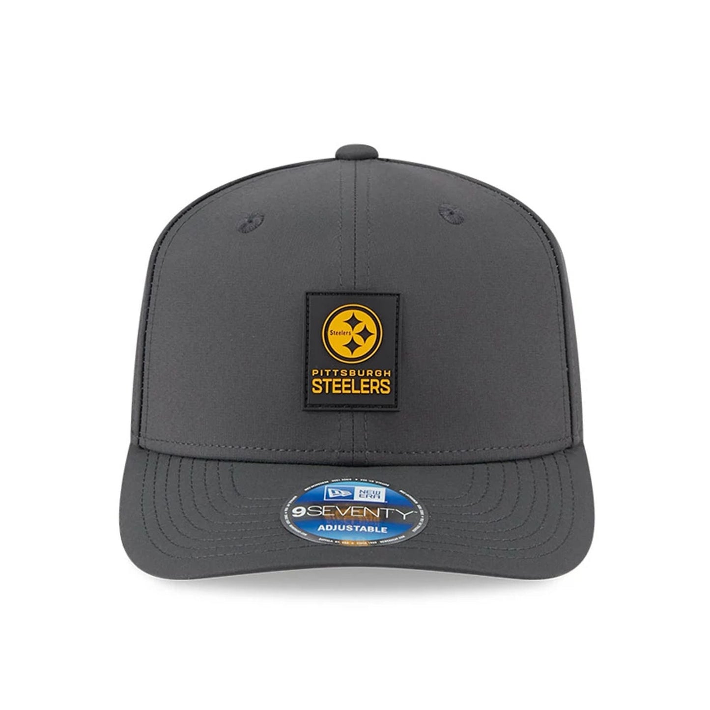 This is a Pittsburgh Steelers NFL Sideline 2025 Charcoal 9SEVENTY Stretch Snap Adjustable Cap 3