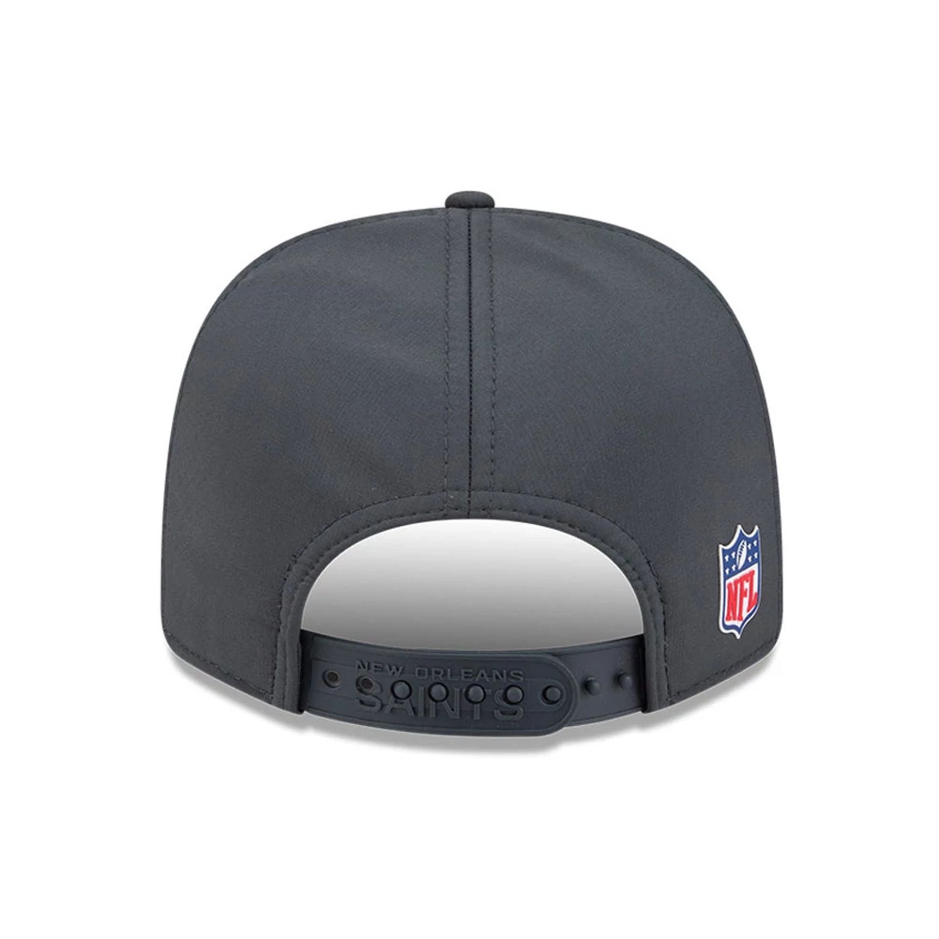 This is a New Orleans Saints NFL Sideline 2025 Charcoal 9SEVENTY Stretch Snap Adjustable Cap 7