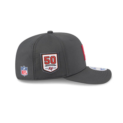 This is a Tampa Bay Buccaneers NFL Sideline 2025 Charcoal 9SEVENTY Stretch Snap Adjustable Cap 5