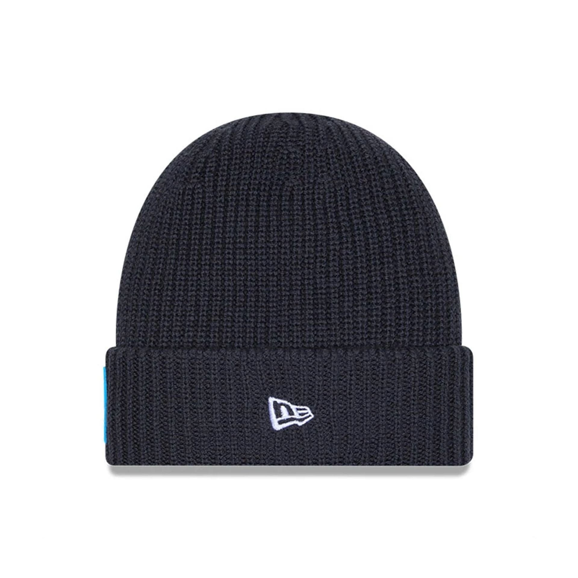 This is a Carolina Panthers NFL Sideline 2025 Charcoal Cuff Knit Beanie Hat 2