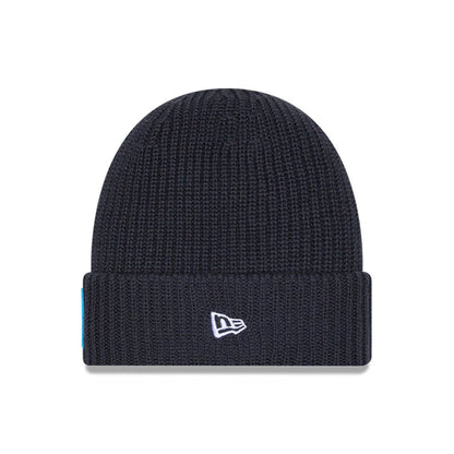 This is a Carolina Panthers NFL Sideline 2025 Charcoal Cuff Knit Beanie Hat 2