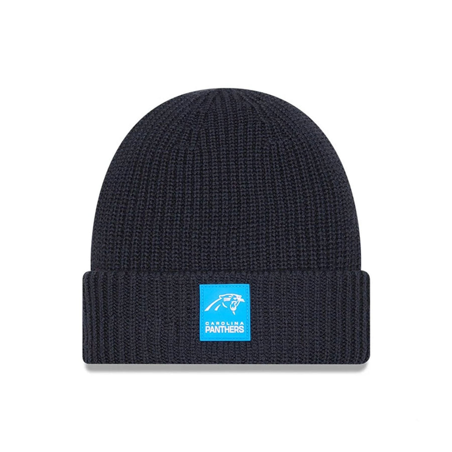 This is a Carolina Panthers NFL Sideline 2025 Charcoal Cuff Knit Beanie Hat 1