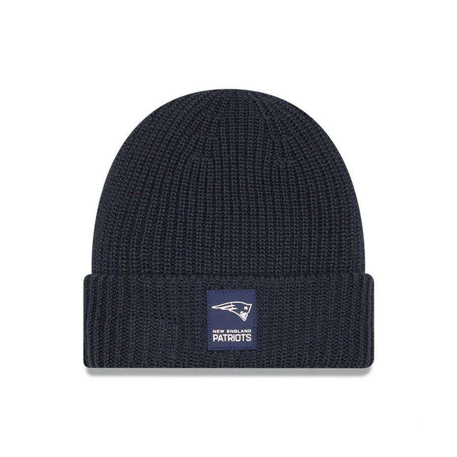 This is a New England Patriots NFL Sideline 2025 Charcoal Cuff Knit Beanie Hat 1