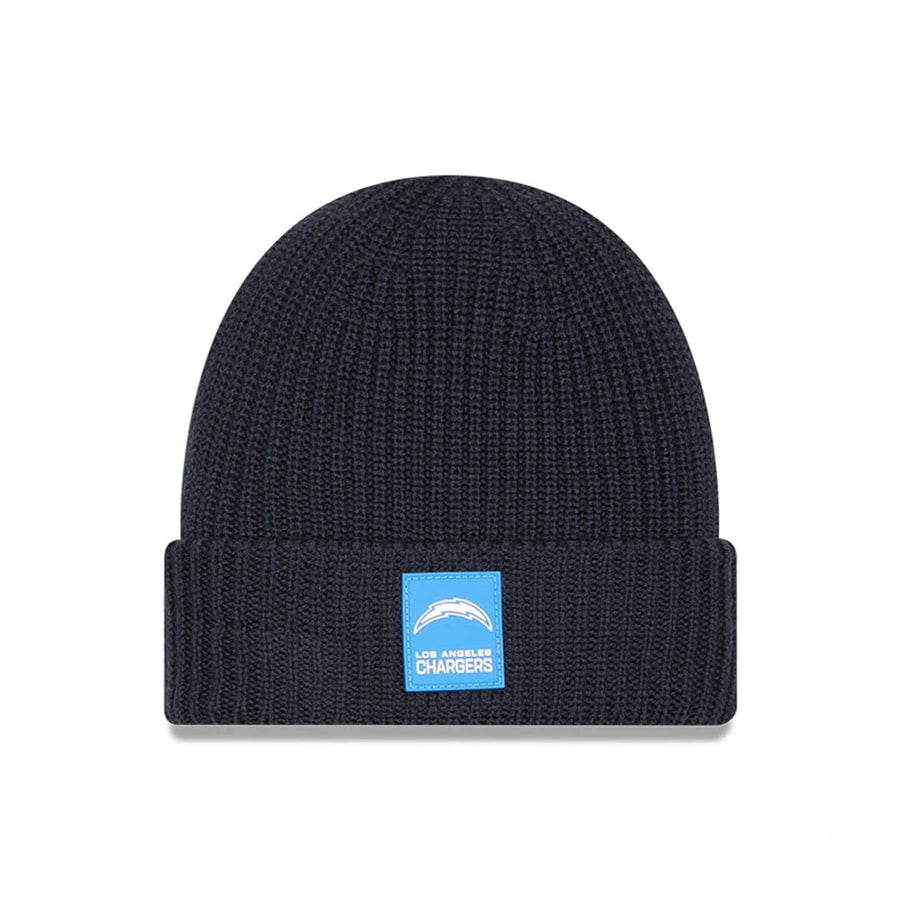 This is a LA Chargers NFL Sideline 2025 Charcoal Cuff Knit Beanie Hat 1