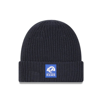 This is a LA Rams NFL Sideline 2025 Charcoal Cuff Knit Beanie Hat 1