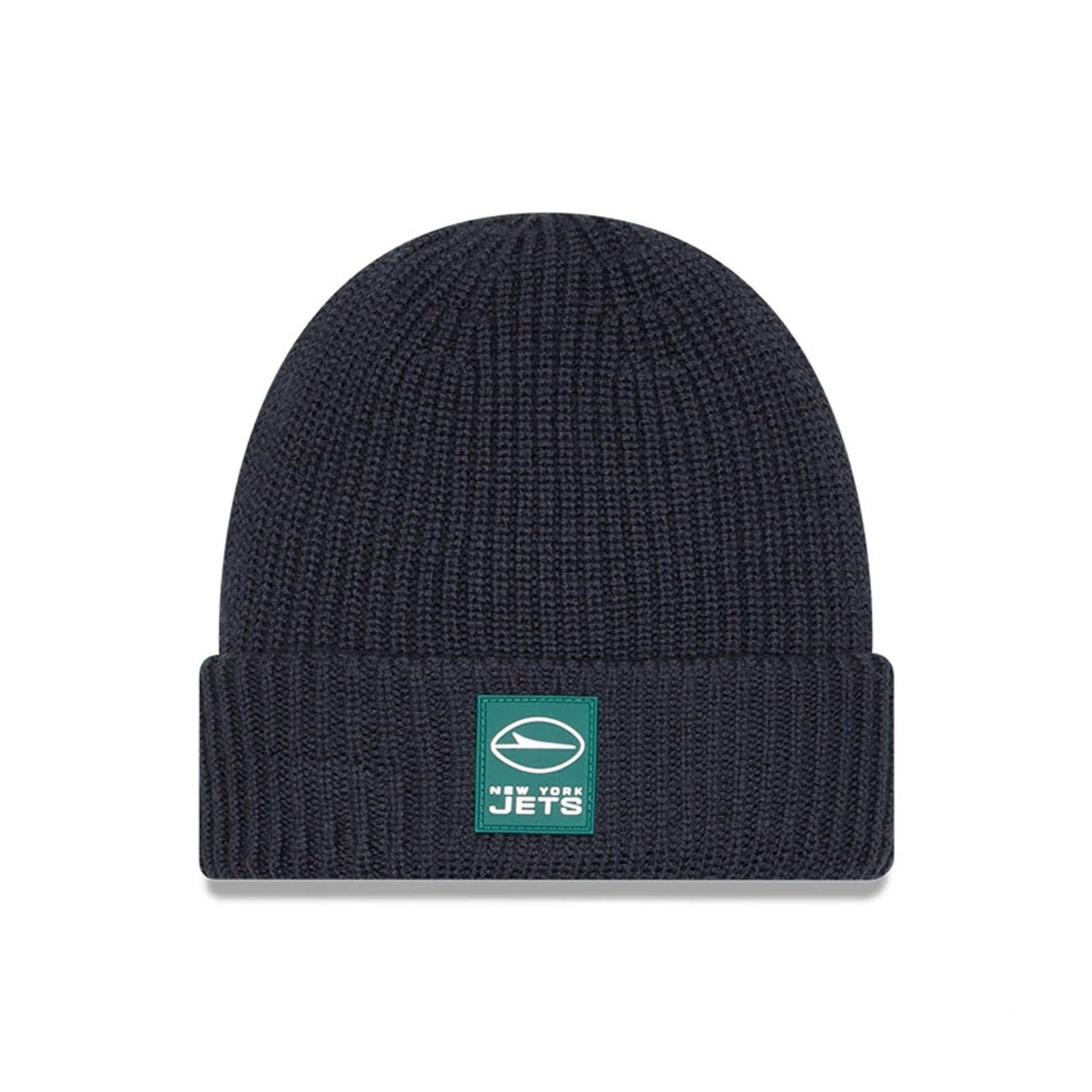 This is a New York Jets NFL Sideline 2025 Charcoal Cuff Knit Beanie Hat 1