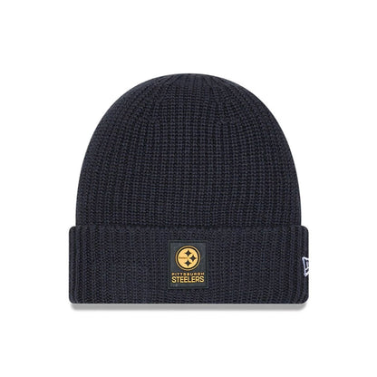 This is a Pittsburgh Steelers NFL Sideline 2025 Charcoal Cuff Knit Beanie Hat 1