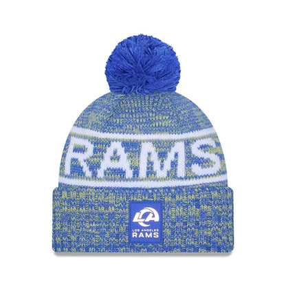This is a LA Rams NFL Sideline 2025 Bright Blue Sport Knit Beanie Hat 1