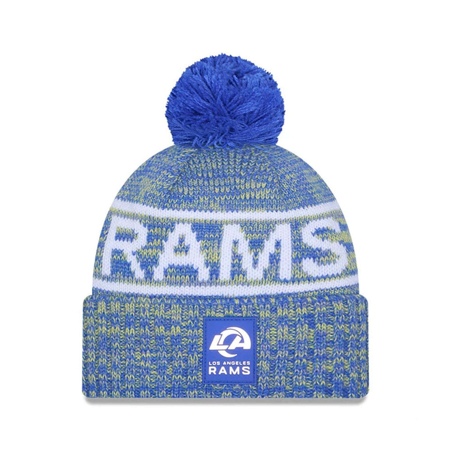 This is a LA Rams NFL Sideline 2025 Bright Blue Sport Knit Beanie Hat 1
