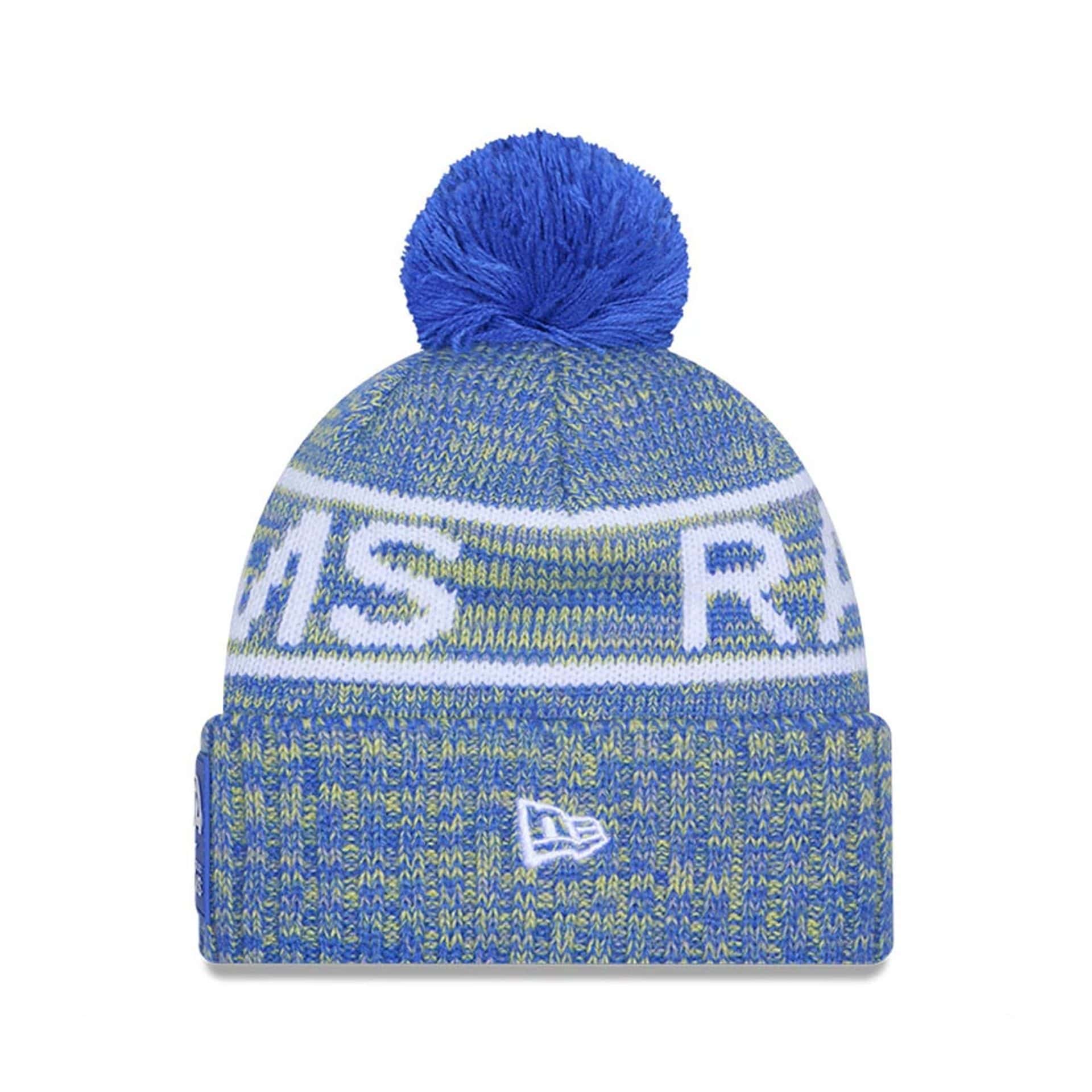 This is a LA Rams NFL Sideline 2025 Bright Blue Sport Knit Beanie Hat 2