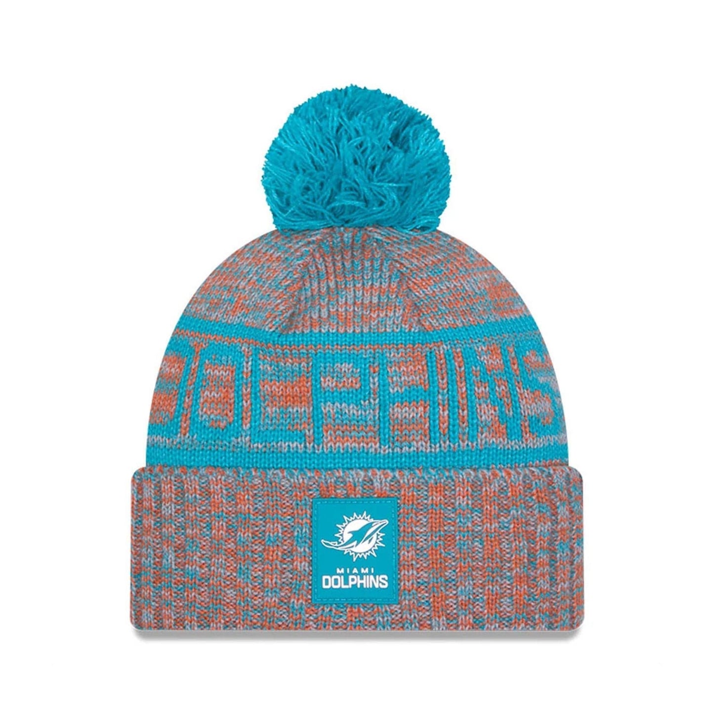 This is a Miami Dolphins NFL Sideline 2025 Turquoise Sport Knit Beanie Hat 1