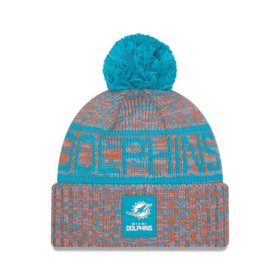 This is a Miami Dolphins NFL Sideline 2025 Turquoise Sport Knit Beanie Hat 1