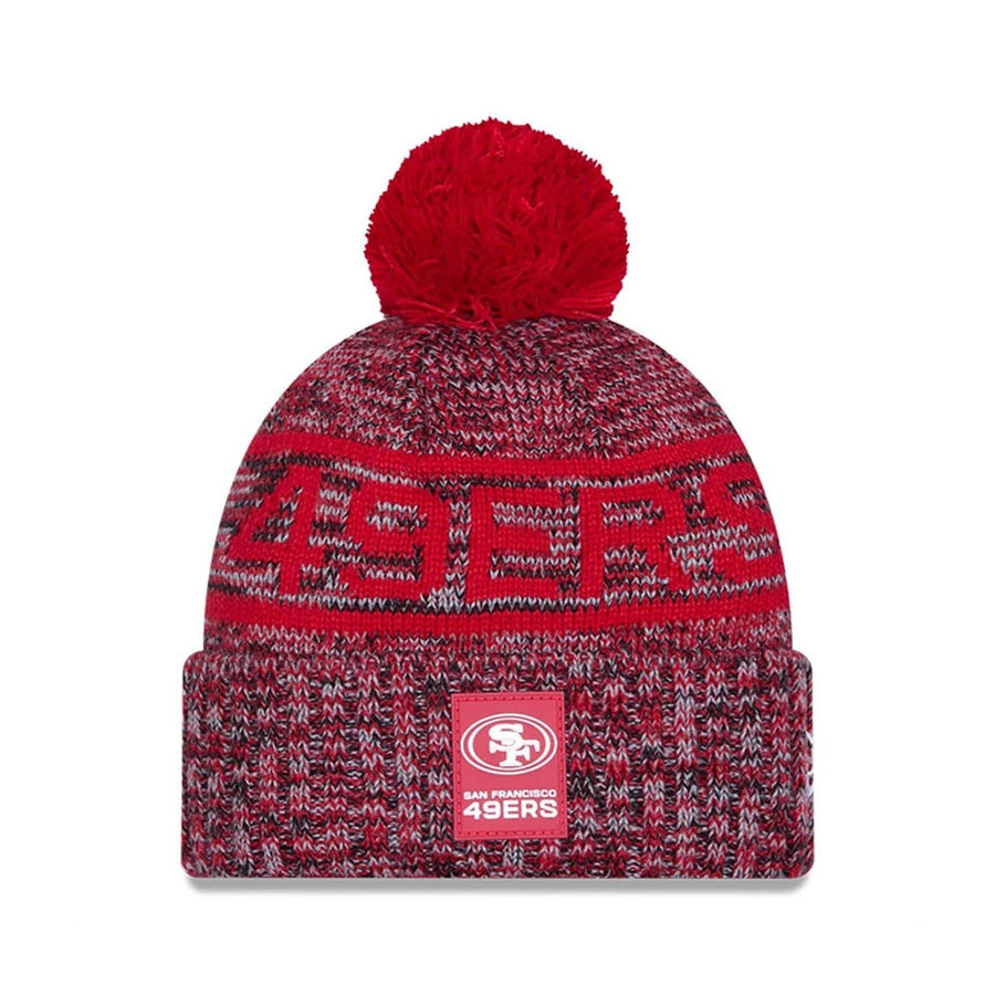 This is a San Francisco 49ers NFL Sideline 2025 Red Sport Knit Beanie Hat 1