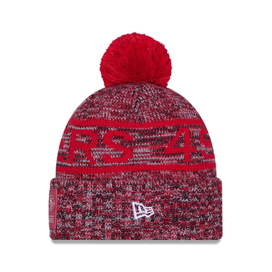 This is a San Francisco 49ers NFL Sideline 2025 Red Sport Knit Beanie Hat 2