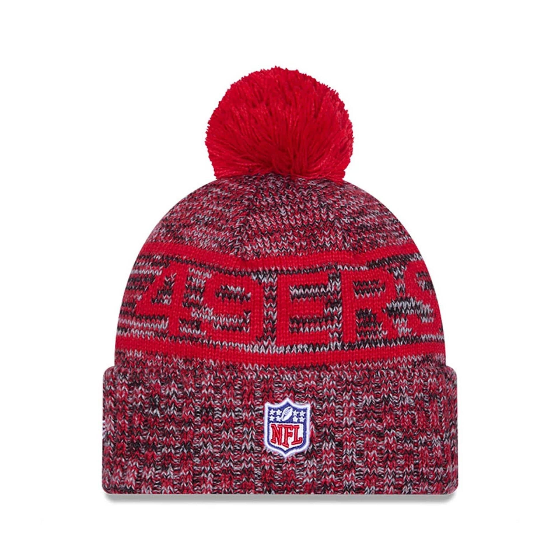 This is a San Francisco 49ers NFL Sideline 2025 Red Sport Knit Beanie Hat 3