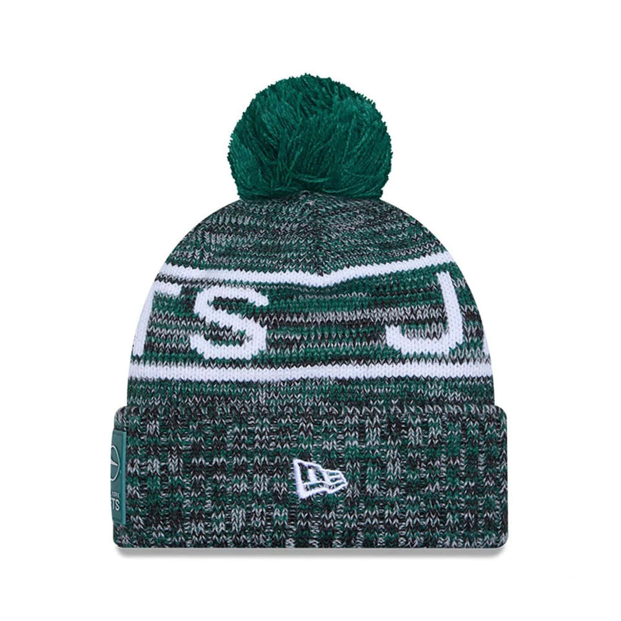 This is a New York Jets NFL Sideline 2025 Green Sport Knit Beanie Hat 2