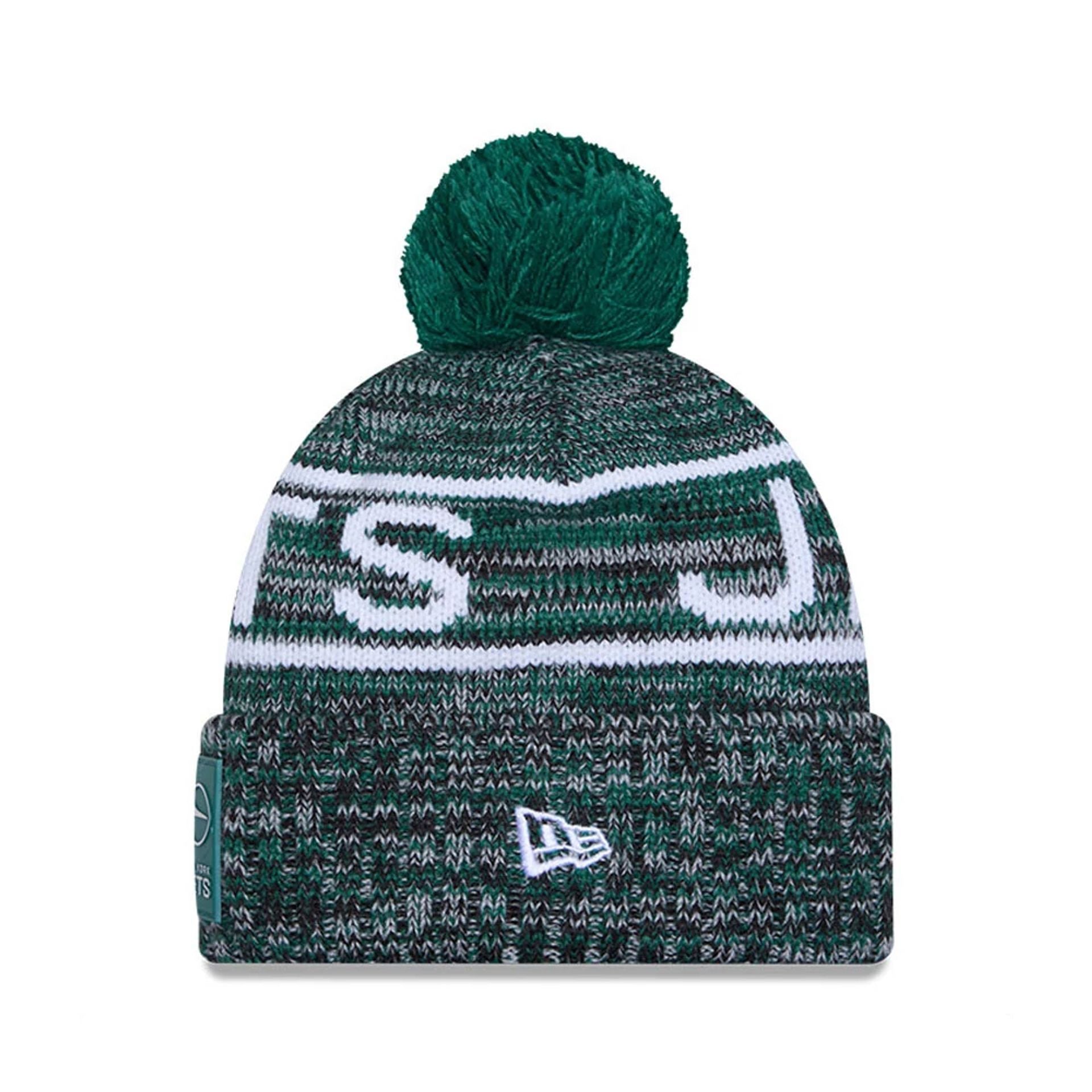 This is a New York Jets NFL Sideline 2025 Green Sport Knit Beanie Hat 2