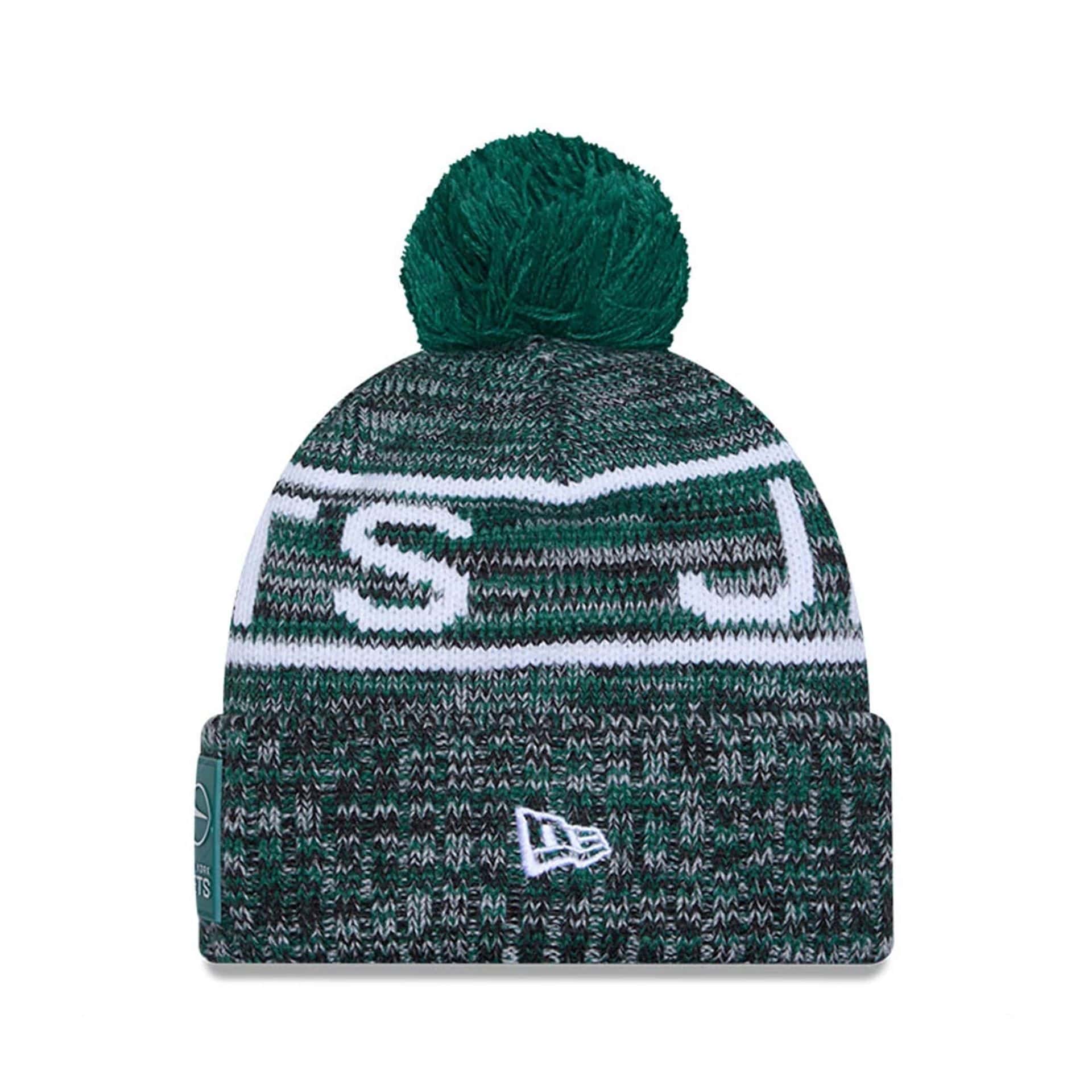 This is a New York Jets NFL Sideline 2025 Green Sport Knit Beanie Hat 2