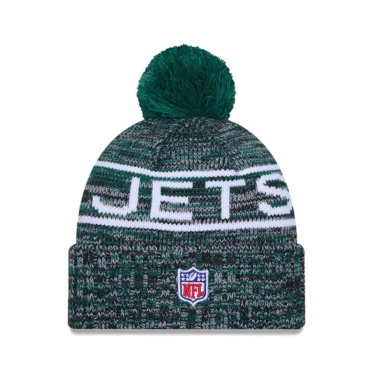 This is a New York Jets NFL Sideline 2025 Green Sport Knit Beanie Hat 3