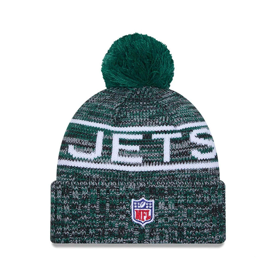 This is a New York Jets NFL Sideline 2025 Green Sport Knit Beanie Hat 3