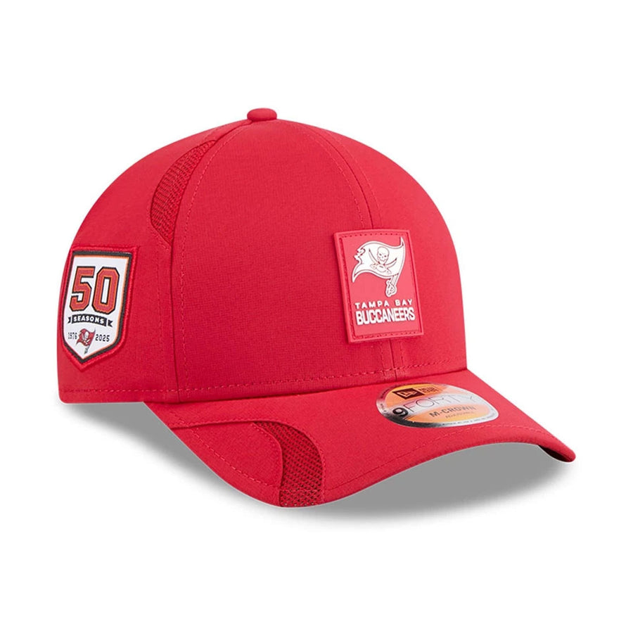 This is a Tampa Bay Buccaneers NFL Sideline 2025 Red 9FORTY M-Crown Adjustable Cap 1
