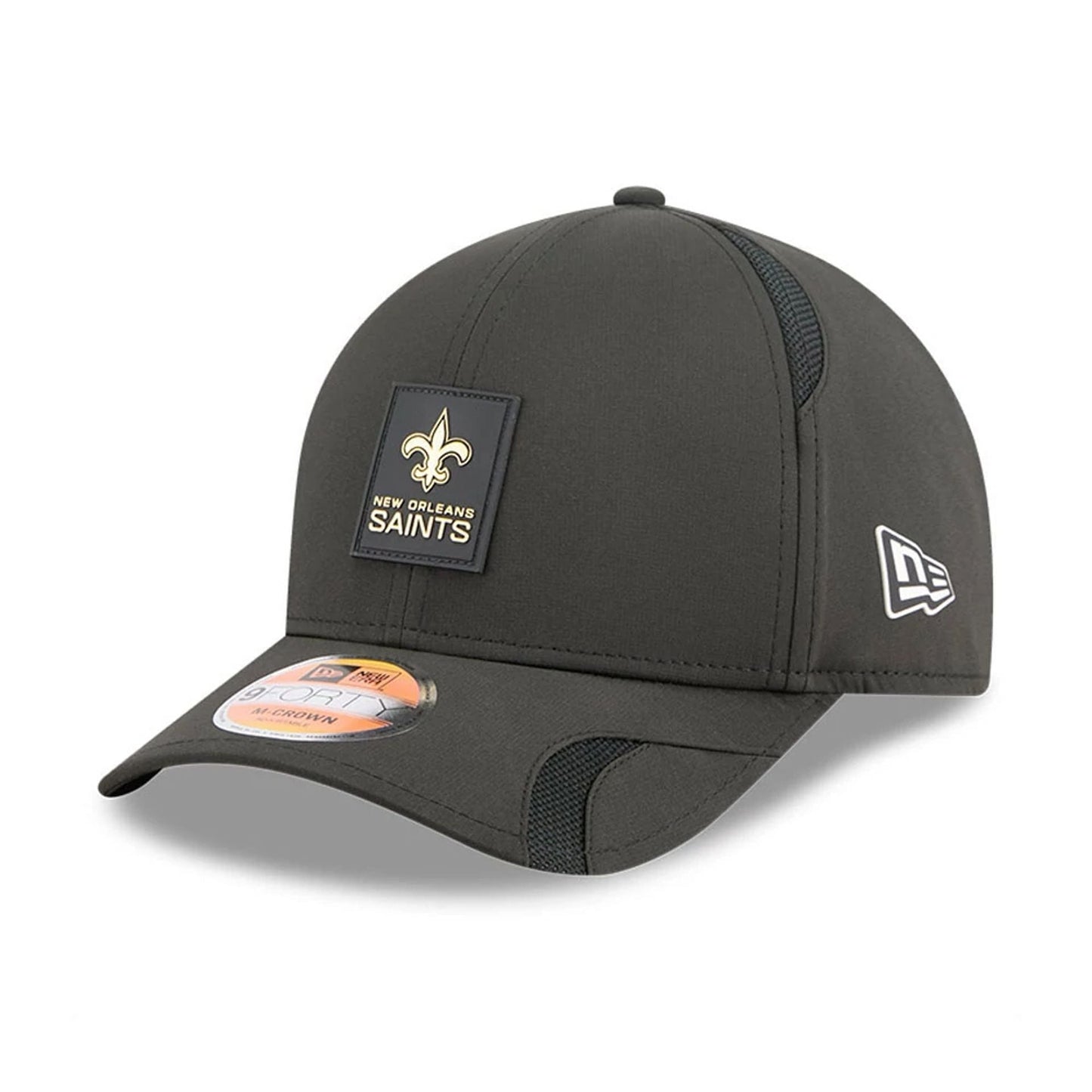 This is a New Orleans Saints NFL Sideline 2025 Black 9FORTY M-Crown Adjustable Cap 1