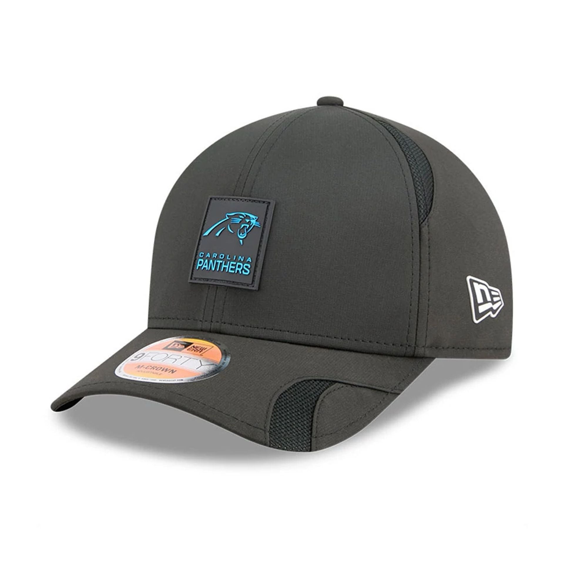 This is a Carolina Panthers NFL Sideline 2025 Black 9FORTY M-Crown Adjustable Cap 1
