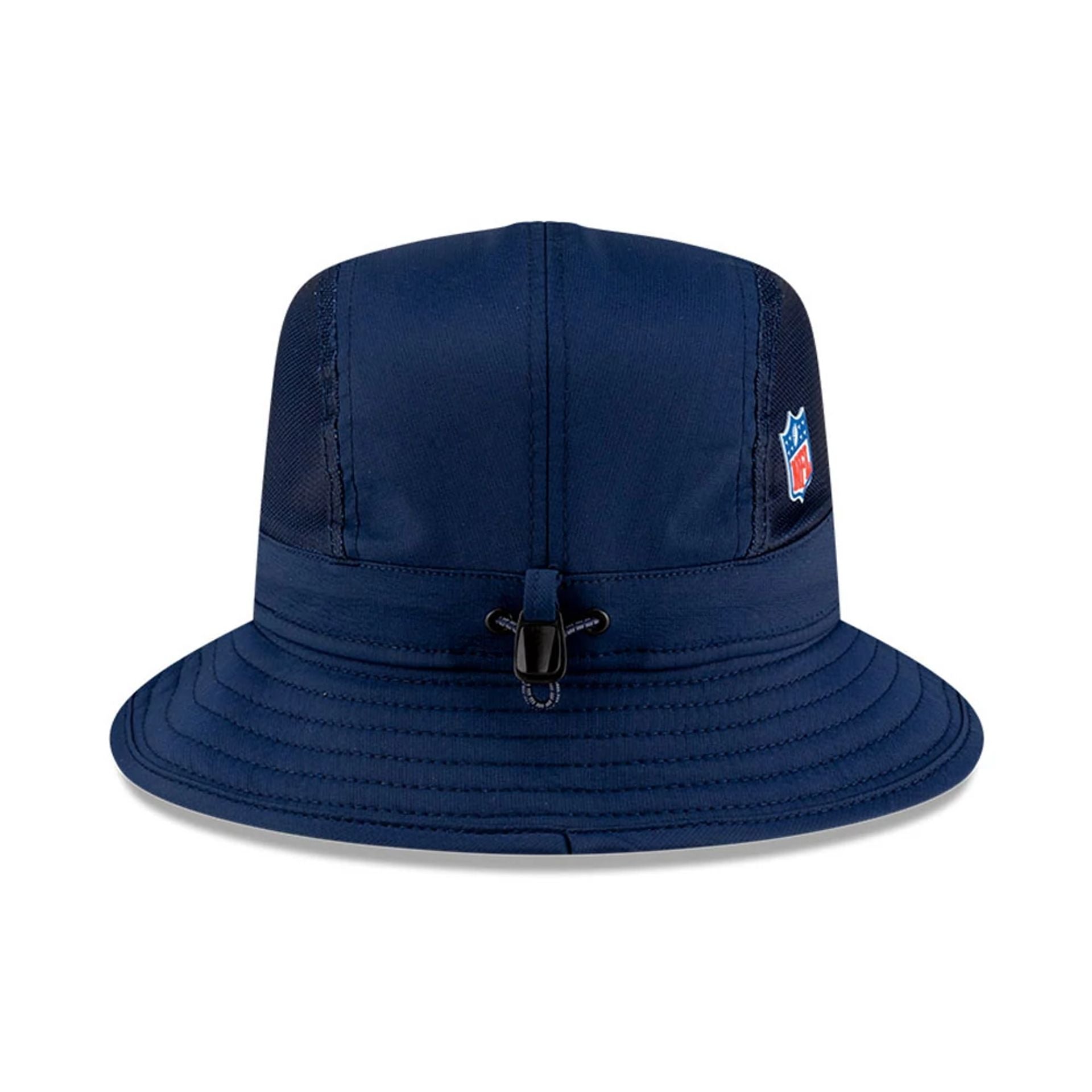 This is a Dallas Cowboys NFL Sideline 2025 Dark Blue Stretch Bucket Hat 5