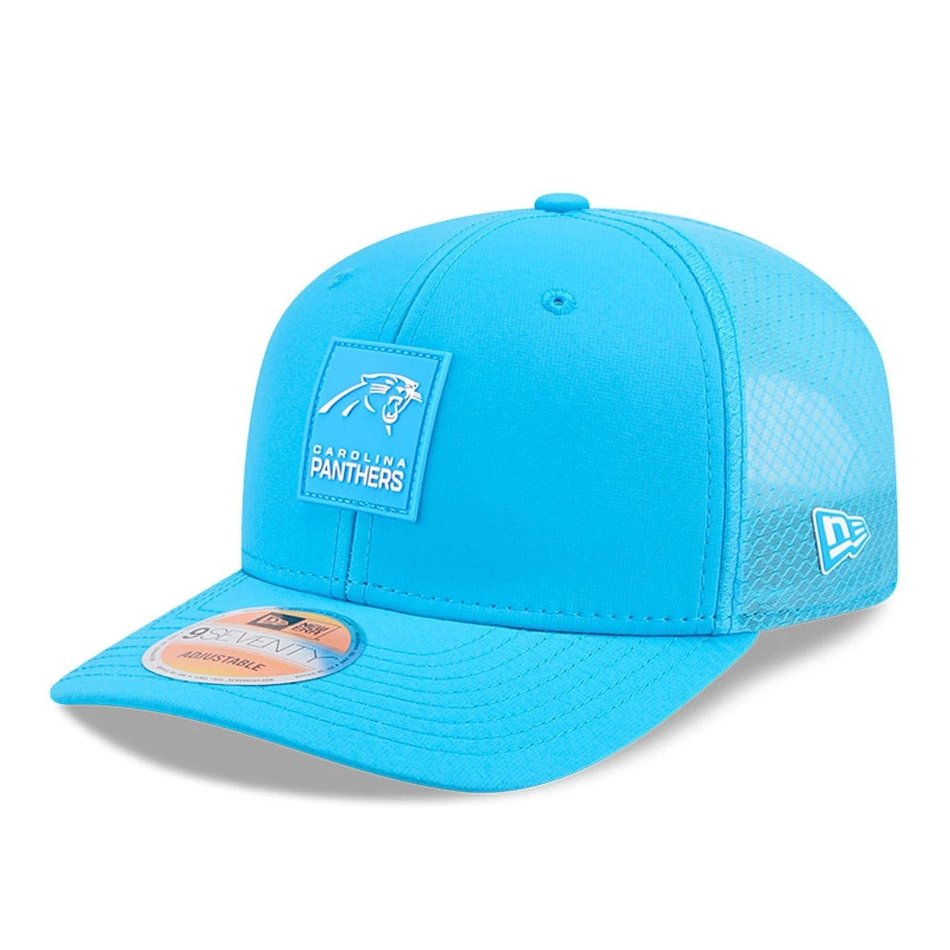 This is a Carolina Panthers NFL Sideline 2025 Blue 9SEVENTY Trucker Stretch Snap Adjustable Cap 1