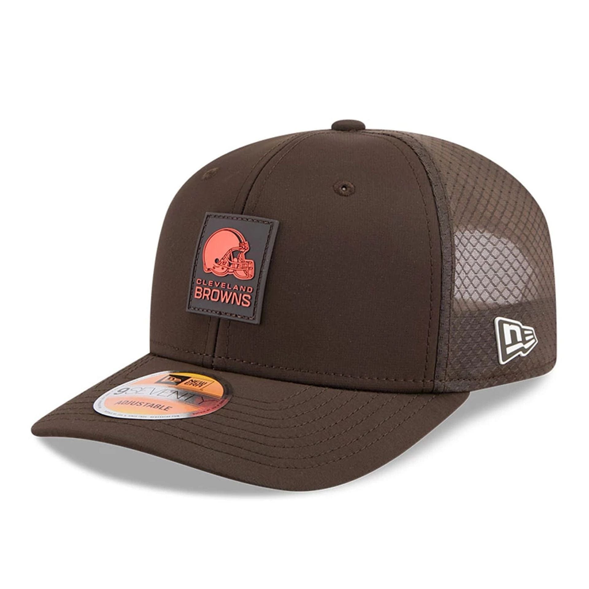 This is a Cleveland Browns NFL Sideline 2025 Dark Brown 9SEVENTY Trucker Stretch Snap Adjustable Cap 1