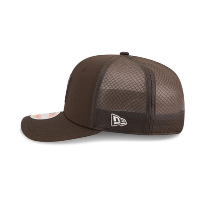 This is a Cleveland Browns NFL Sideline 2025 Dark Brown 9SEVENTY Trucker Stretch Snap Adjustable Cap 4