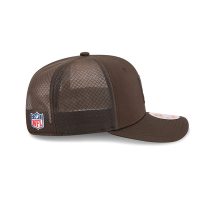 This is a Cleveland Browns NFL Sideline 2025 Dark Brown 9SEVENTY Trucker Stretch Snap Adjustable Cap 5
