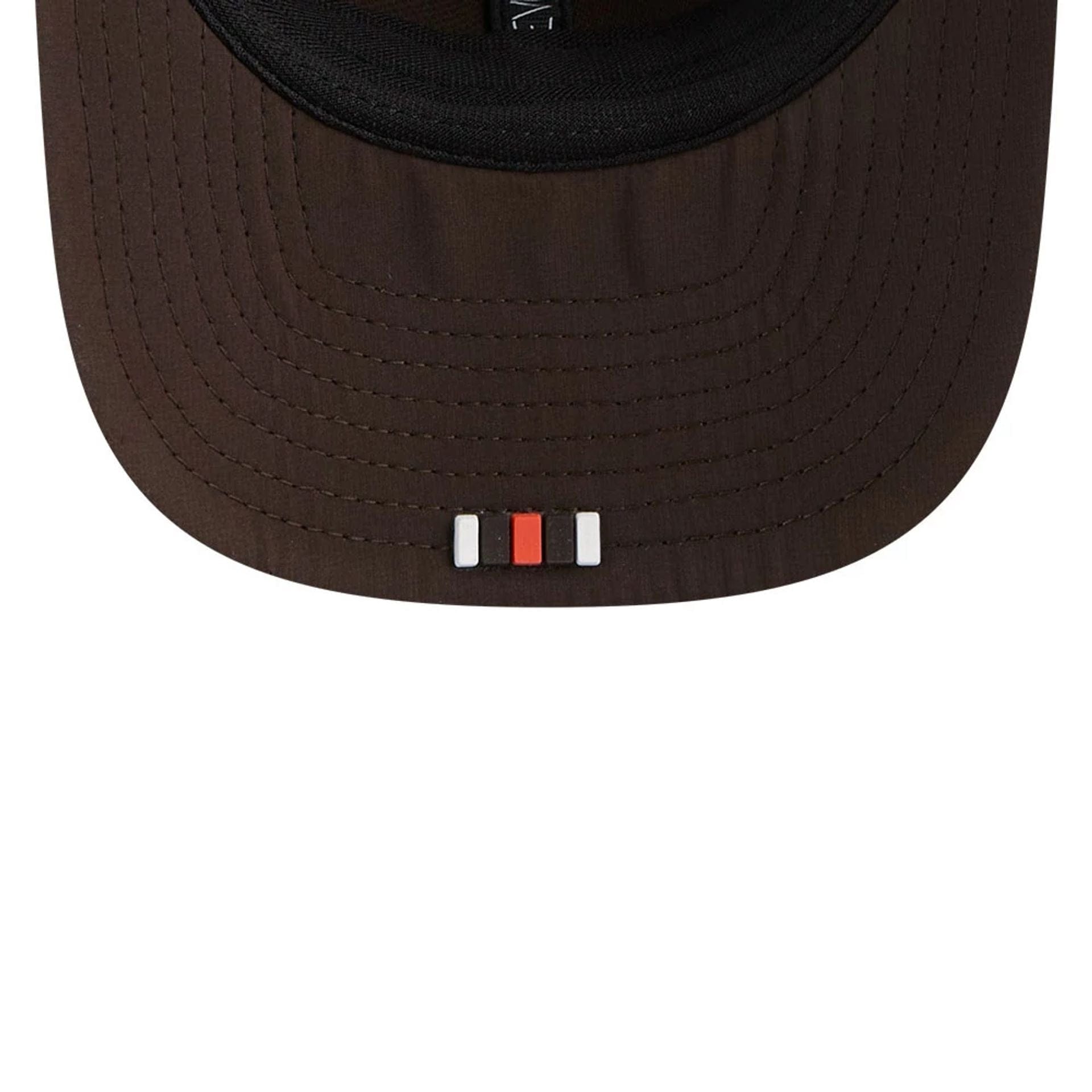 This is a Cleveland Browns NFL Sideline 2025 Dark Brown 9SEVENTY Trucker Stretch Snap Adjustable Cap 7