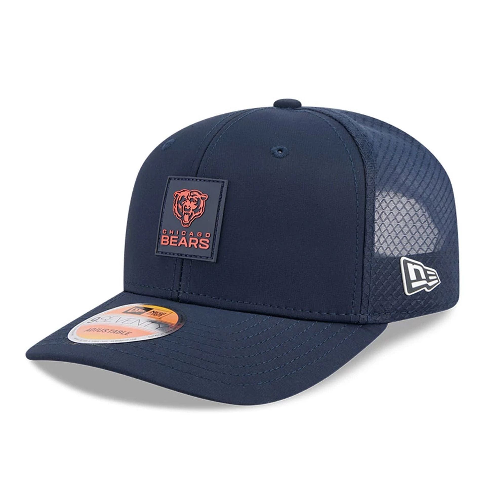 This is a Chicago Bears NFL Sideline 2025 Navy 9SEVENTY Trucker Stretch Snap Adjustable Cap 3