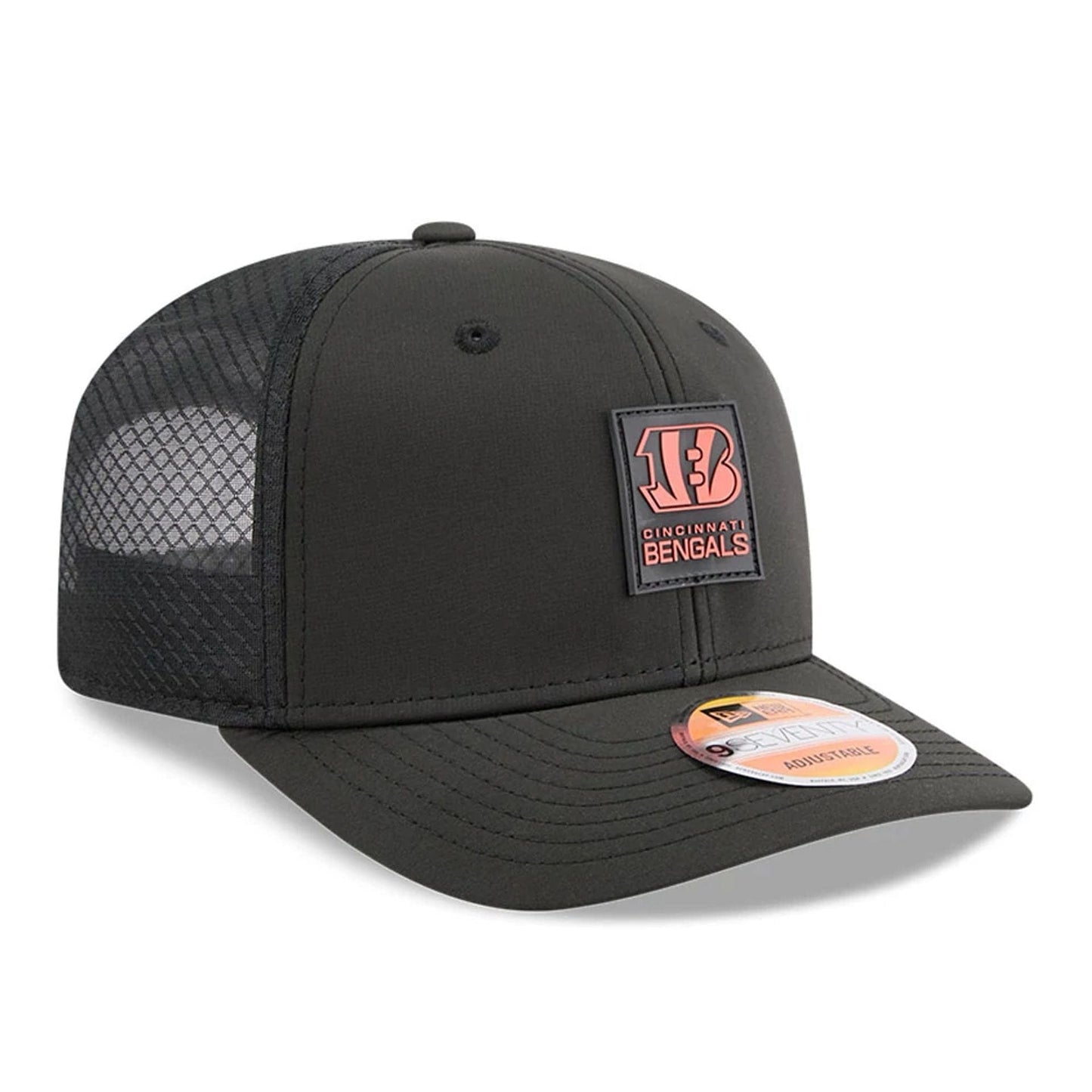 This is a Cincinnati Bengals NFL Sideline 2025 Black 9SEVENTY Trucker Stretch Snap Adjustable Cap 3