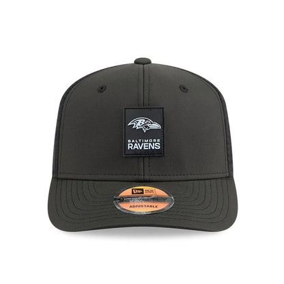 This is a Baltimore Ravens NFL Sideline 2025 Black 9SEVENTY Trucker Stretch Snap Adjustable Cap 2