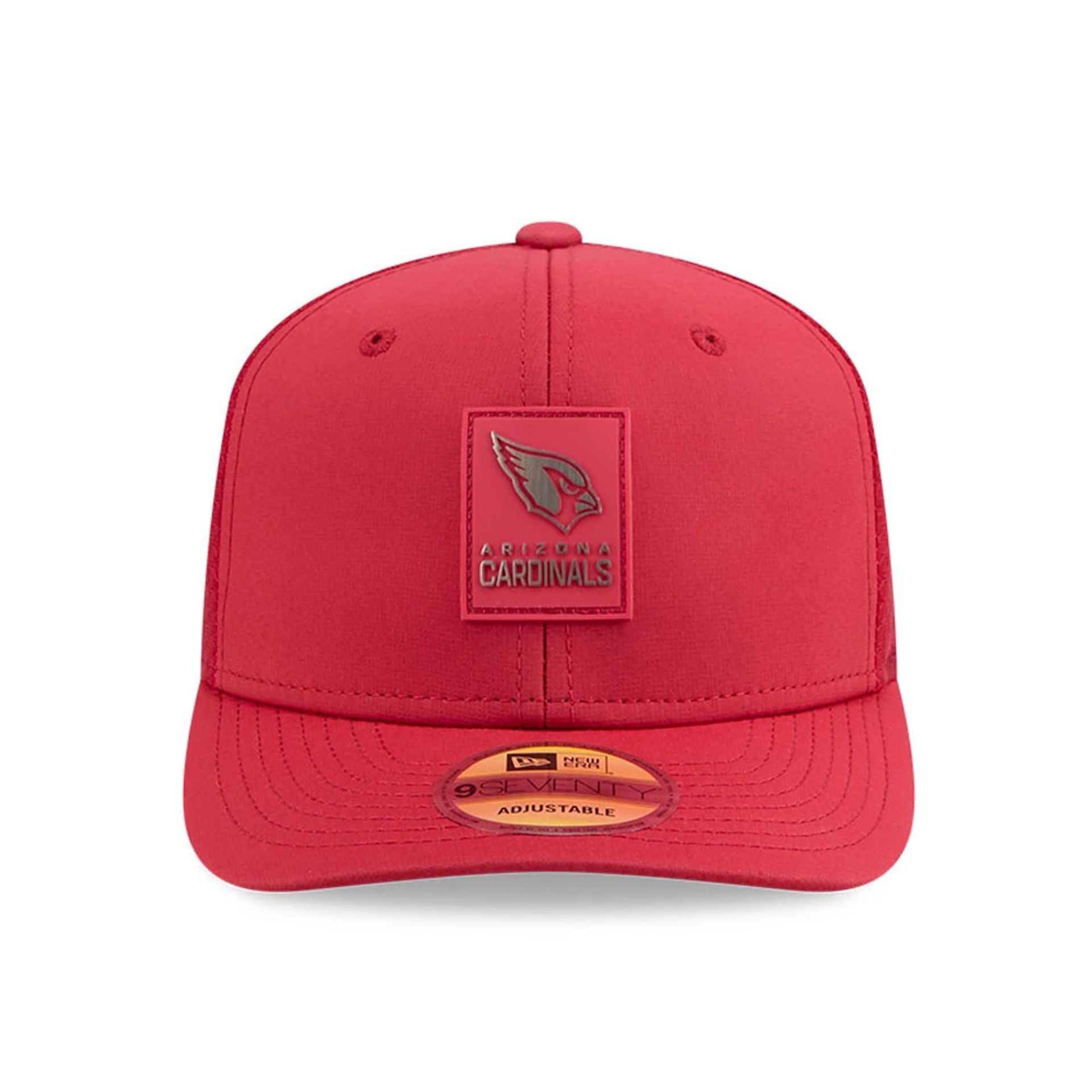 This is a Arizona Cardinals NFL Sideline 2025 Dark Red 9SEVENTY Trucker Stretch Snap Adjustable Cap 2