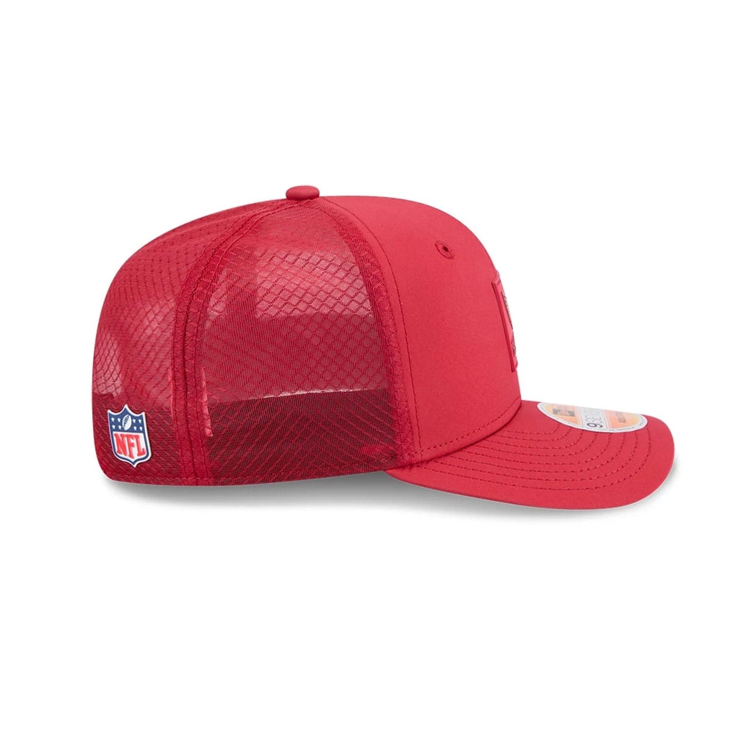 This is a Arizona Cardinals NFL Sideline 2025 Dark Red 9SEVENTY Trucker Stretch Snap Adjustable Cap 5